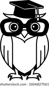 isolate black and white illustration of Owl with glasses and graduation cap