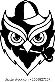 isolate black and white illustration of Owl wearing cap and candy