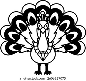 isolate black and white illustration of Peacock with diamond necklace