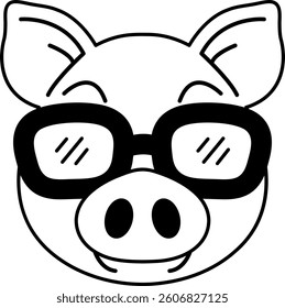isolate black and white illustration of Pig wearing 3D glasses