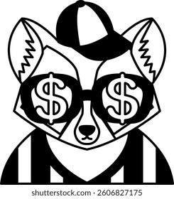 isolate black and white illustration of Raccoon wearing dollar glasses and a cap