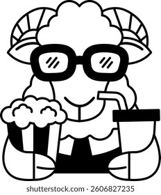 isolate black and white illustration of Sheep wearing 3D glasses and holding popcorn and a soda