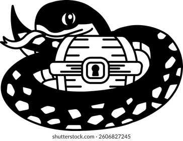 isolate black and white illustration of Snake wrapped around a treasure chest