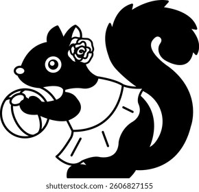 isolate black and white illustration of Squirrel in pink dress
