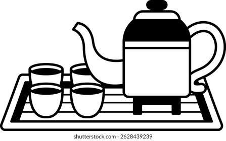 isolate black and white illustration of traditional chinese tea pot set
