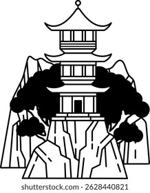 isolate black and white illustration of a traditional chinese pagoda