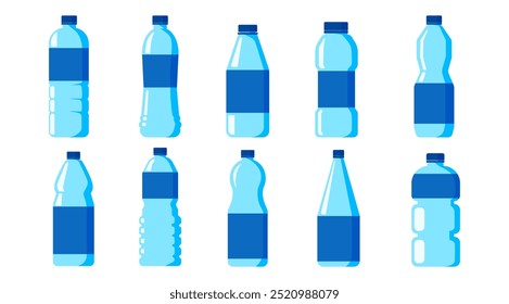 Isolate Blue Plastic water bottle vector set  on white background. Water bottles illustration, Healthy, Beverage and Mineral graphic elements in Flat design, Cartoon style (Editable)
