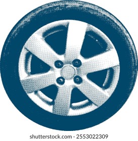 Isolate Car Tire in halftone style editable vector with rim inside, eps 10. Car tire halftone in blue shapes