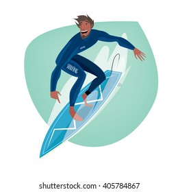 Isolate clip art on white background with happy man in blue dive skin standing on a surfboard - Sport or leisure concept. Vector illustration