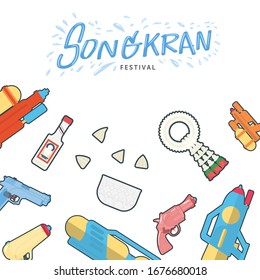 Isolate element of traditional things of Songkran Day on white background under sparkling font.