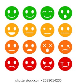 Isolate Emoticons Vector Icon set, Emotion stickers, Rating graphic elements, Red, Green, Yellow Smile Clip art, Satisfaction, interface symbol for App, Presentation and Infographics (Editable)