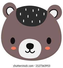 Isolate face of baby bear. Cartoon cute illustration for kids on white background for print, sticker, nursery poster. Vector