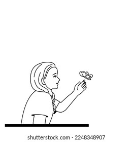 Isolate of a girl with happy smiling with a butterfly, coping strategies. black outline cartoon.