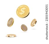 Isolate of golden coins in different angles on white background for business investment and currency exchange forex concept by 3d render vector illustration.