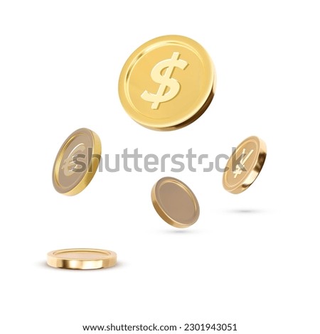 Isolate of golden coins in different angles on white background for business investment and currency exchange forex concept by 3d render vector illustration.