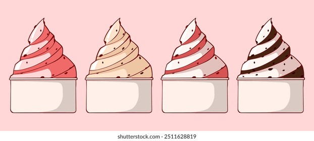 Isolation Eis, Vektorgrafik, Niedliches Vanilleeis in Papierschüssel, Erdbeere, Schokoladengeschmack, Cartoon Grafische Elemente für Dessert Menü Dekoration, Café, Illustration, Stock (bearbeitbar)