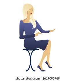 Isolate illustration of a woman sitting on a stool.   Caucasian  blond hair girl in a blue dress