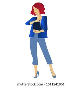 Isolate illustration of a woman standing and holding a book. Caucasian  red short hair girl in a blue suit and high heel shoes. Teacher or office worker look. 