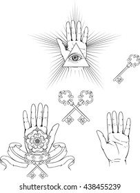 Isolate images of hands palm, keys, flowers and occult triangle.