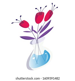 Isolate isometric illustration of a vase with flowers. Bouquet of tulips. Element of decoration