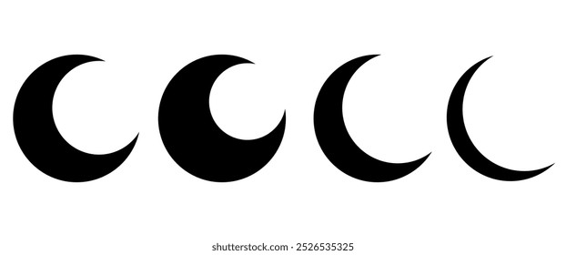 Isolate Moon icon set. Moon phase symbol on white background. Lunar illustration symbol in black. silhouette moon. Night time graphic elements, vector stock (Editable)