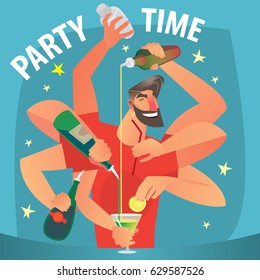 Isolate multi-armed bartender deftly preparing cocktail with few bottles and shaker. Party time concept. Flat style. Vector illustration