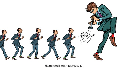 Isolate on white background. People follow the musician. Comic cartoon pop art retro vector illustration drawing