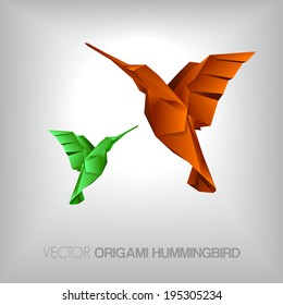 isolate orange and green origami hummingbirds, Vector graphic