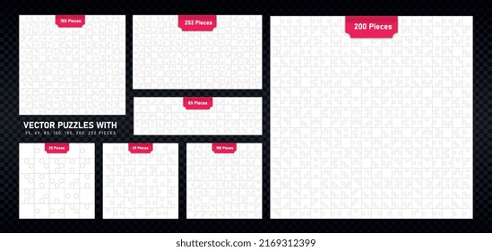Aislar los rompecabezas con pedazos. Colección de maquetas o plantillas para imprimir imágenes. Juegos lógicos, desarrollo de la concentración. Ilustraciones de caricaturas de vectores planos aisladas en fondo transparente