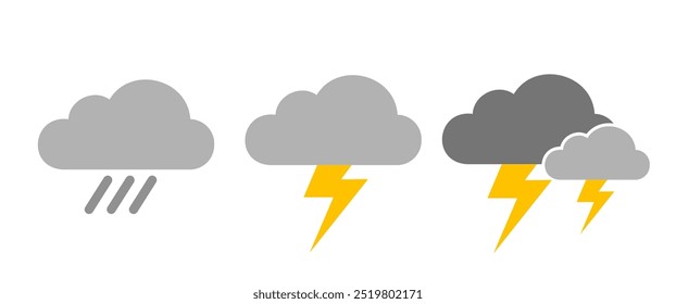 Conjunto de iconos de Vector de Clima lluvioso aislado. Símbolo de Clima para Web. Ilustración de pronóstico en estilo plano. Pictograma Contener lluvia, relámpago, tormenta, Vector stock para la decoración (Editable)
