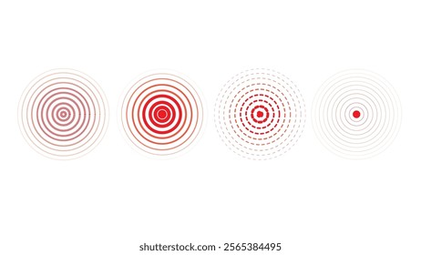 Isolate of red concentric circle of sonar sound and wave ring icon on white background for radar , target and epicenter concept.