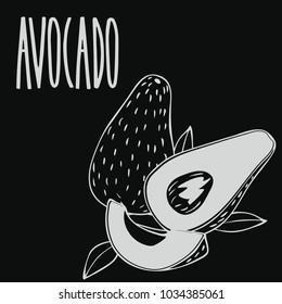 Isolate Ripe Avocado Fruit As Chalk On Blackboard. Close Up Clipart In Chalkboard Style. Hand Drawn Icon. Vector Illustration