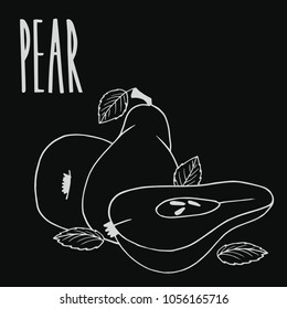 Isolate ripe pear fruit as chalk on blackboard. Close up clipart in chalkboard style. Hand drawn icon. Vector illustration