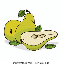 Isolate ripe pear fruit on white background. Close up clipart with shadow in flat realistic cartoon style. Hand drawn icon. Vector illustration