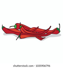 Isolate ripe red hot chili pepper on white background. Close up clipart with shadow in flat realistic cartoon style. Hand drawn icon. Vector illustration