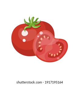 Isolate ripe tomato vegetable on white background. Whole shape and slice, Cartoon style. Vector illustration