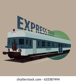 Isolate round icon with old train in retro colors rushes forward in realistic flat style. Express Train concept. Vector illustration