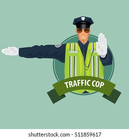 Isolate Round Icon On Green Background With Traffic Cop, Officer Of Traffic Police, In Form Of Policeman, With High Visibility Clothing, Made Sign With His Hands. Vector Illustration