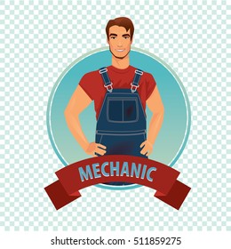 Isolate round icon on white background with car mechanic, man from technical staff in dirty overalls, standing and smiling. Emblem or sticker concept. Cartoon style. Vector illustration