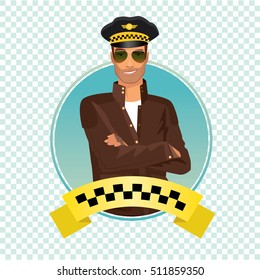 Isolate round icon on white background with unshaved taxi driver, standing and smiling, dressed in brown jacket, brown leather gloves, glasses and hat. Vector illustration