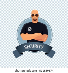 Isolate round icon on white background with security guard, bald man of strong physique in uniform of security services, stands confidently, arms crossed on his chest. Vector illustration