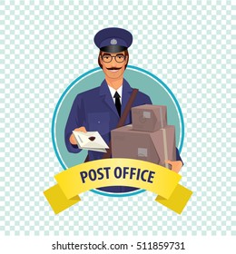 Isolate round icon on white background with postman, man from postal service in uniform, with letters, boxes and parcels. Express delivery mail concept. Cartoon style. Vector illustration
