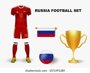 Isolate of Russia football set with uniform ,soccer ball , exchange flag and trophy cup. Concept design element for football game in mobile in vector illustration