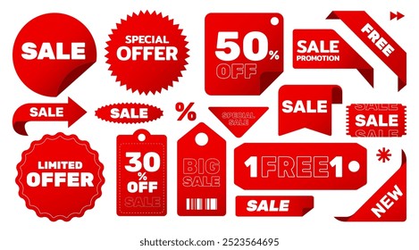 Isolate Sale Promotion sticker vector set, Red Special Offer Badge in Flat design, Free, 50 percent off Price Tag on white background for Business Banner, Marketing graphic elements, Stock (Editable)