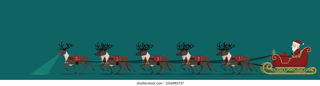 Isolate Santa  Claus on sleight with Nine reindeer
