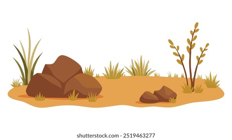 Isolate savanna dry grass meadow shrubs with rocks isolated flat vector illustration on white background