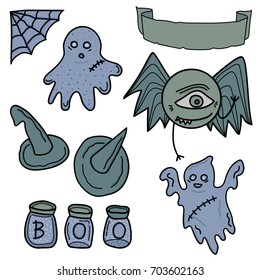 isolate set holidays Halloween magic traditional elements on white background. vector illustration. Flask, banner, web, monster, ghosts, witch hats.Smiling and funny cartoon characters.