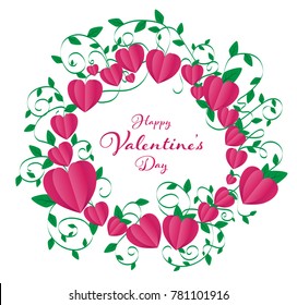 isolate valentines frame contains heart rounding in circle shape and rolled by green vines along leafs ,in middle included Happy Valentine's Day text all and white background