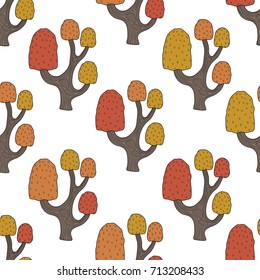 isolate vector autumn seamless doodle colorful brown, orange,red,gold.yellow trees pattern on white background