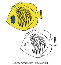 isolate yellow fish butterfly and black line vector on white background. Vector.